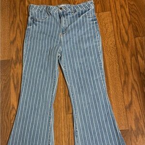 Stripped flare frayed jeans
